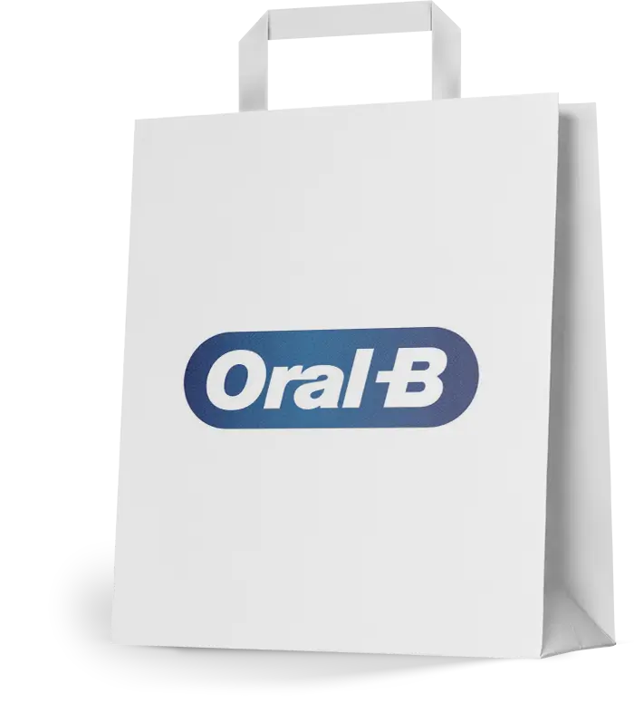 biała torba papierowa ekologiczna z logo Oral-B z uchwytem płaskim dla naszego Klienta
